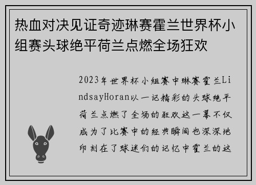 热血对决见证奇迹琳赛霍兰世界杯小组赛头球绝平荷兰点燃全场狂欢