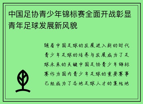 中国足协青少年锦标赛全面开战彰显青年足球发展新风貌
